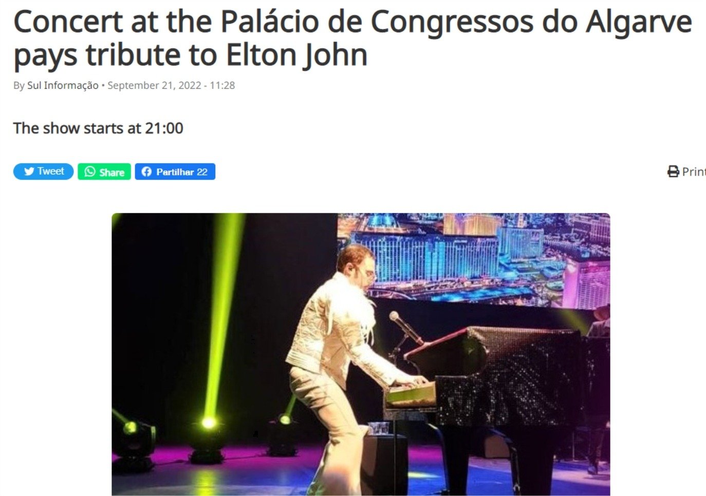 Matéria sobre o espetáculo no Palácio de Congressos do Algarve